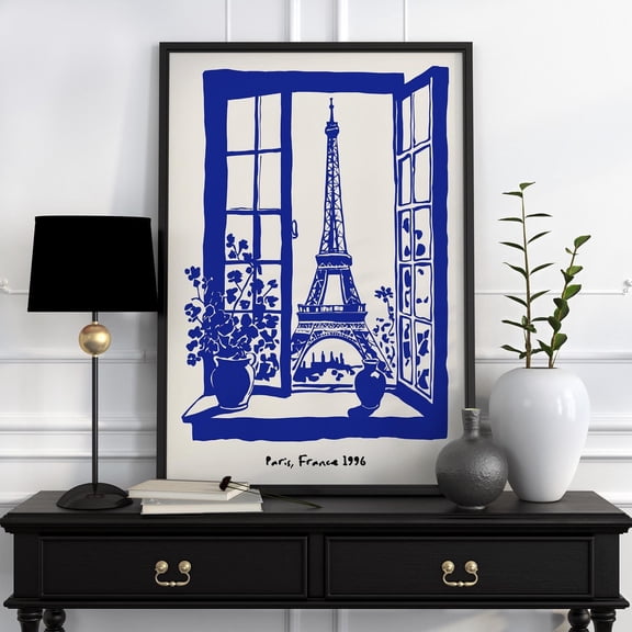 Paris Eiffel Tower Art 1996 Blue Window View Design 6 Unframed Paper Print