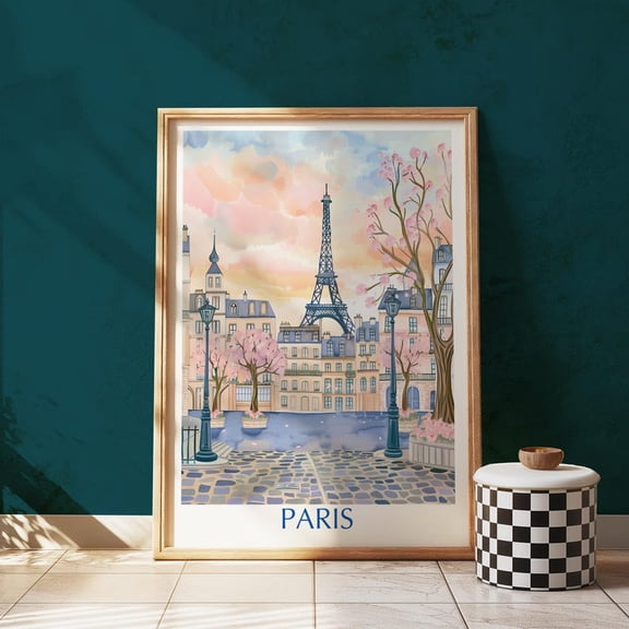 Paris Eiffel Tower Art Print: Romantic Cherry Blossom Street Scene 8x12 UNFRAMED