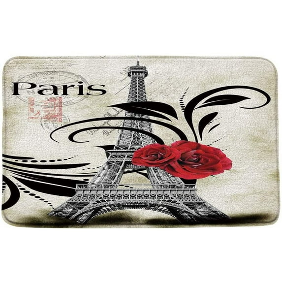 Paris Eiffel Tower Bath Mat,Vintage Red Rose Stamp Floral Bathroom Rug Shower Floor Carpet,Eiffel Tower Romantic Bath Rug,Absorbent Doormat Bedroom Rug Kitchen Toilet Floor,24 x16 Inch