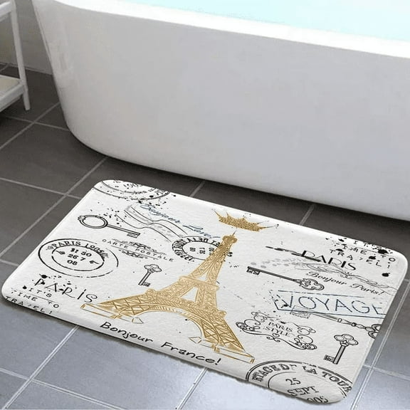 Paris Eiffel Tower Bath Rugs, Golden Lettering European French Crown Retro Stamp Art Bath Mats, Non Slip Flannel Fast Dry Absorbent Water Bathroom Rug, Bedroom Kitchen Indoor Outdoor 19x31 in