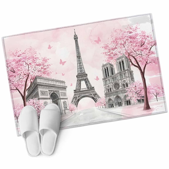 Paris Eiffel Tower Bathroom Rug Washable 2x3 Entryway Rug Non Slip Pink Cherry Blossom Romantic Flowers Front Door Mat Low Pile Indoor Doormat Throw Floor Carpet for Kitchen Bedroom Entrance
