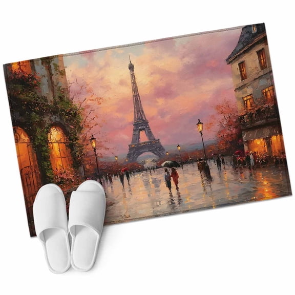 Paris Eiffel Tower Bathroom Rug Washable 2x3 Entryway Rug Non Slip Purple Sunset Country Street Oil Painting Front Door Mat Low Pile Indoor Doormat Throw Floor Carpet for Kitchen Bedroom Entrance