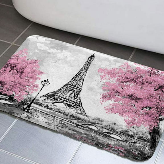 Paris Eiffel Tower Bathroom Rugs, Oil Painting European Non-Slip Bath Rugs, France City Landscape Modern Couple Bathroom Rugs Set, Black Pink Tree Bathroom Rug Mat 19X31inch, Absorbent Bath Rugs