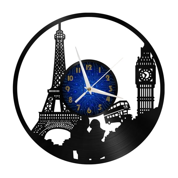 Paris Eiffel Tower Bell tower city view Vinyl Record Wall Clock for Kitchen Wall Decor Wall Art Gift for Lover Gift Idea for a Best Friend(B)