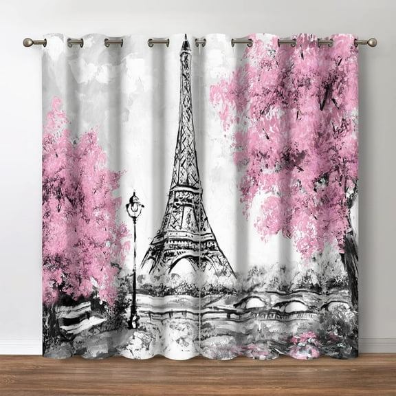 Paris Eiffel Tower Blackout Curtains European City Scenery Pink Tree Black White Street Lights Print Decor Bedroom Living Room Darkening Grommet Window Drapes 2 Panel Set, 52"x 84"