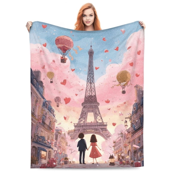 Paris Eiffel Tower Blanket, Romantic Pink Heart Art, Flannel Fleece Throw For Sofa Bed Couch, Dreamy Cityscape, Unique Decorative Home Art For Adults 50x40