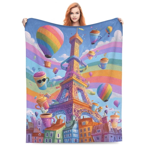 Paris Eiffel Tower Blanket, Whimsical Rainbow Coffee Art, Flannel Fleece Throw For Sofa Bed Couch, Dreamy City Scene, Unique Home Decor Gift For Adults 50x40