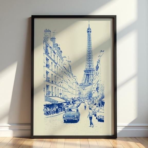 Paris Eiffel Tower Blue Ink French Street Scene Wall Decor Unframed Paper Print