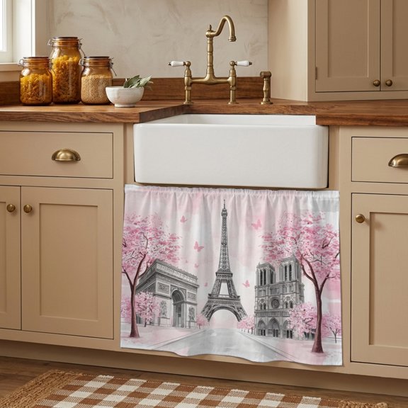 Paris Eiffel Tower Cabinet Curtains 28"W x 35L, Pink Cherry Blossom Romantic Flowers Under Sink Skirt for Bathroom Vanity Kitchen Self Adhesive, Dust-Proof Privacy Curtain for Closet Shelves Laundry