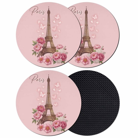 Paris Eiffel Tower Coasters Set of 4, Absorbent Coasters for Drinks, Pink Rose Romantic Floral Butterfly Coaster for Desk Coffee Table Protection, Home Decor House Warming Gifts 4"
