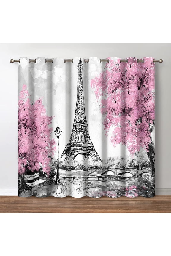 Paris Eiffel Tower Curtain Oil Painting European France City Landscape Modern Couple Black Pink Tree Home Decor Waterproof Fabric Bedroom Bathroom Living Room 2 Panels