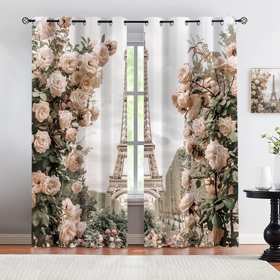 Paris Eiffel Tower Curtains, Pink Floral Blackout Curtains For Living Room, Romantic Lover Window Treatment, City Painting Grommet Curtains For Bedroom 52"W x 96"L (Pack of 2)