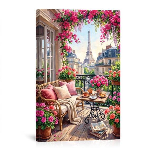 Paris Eiffel Tower Flower Balcony Romantic French Rooftop Scene With Bougainvillea For Living Room Bedroom Parisian Canvas