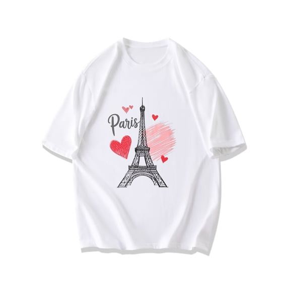 Paris Eiffel Tower Heart Print T Shirt Black Romantic Travel Souvenir For Women And Men Casual Wear
