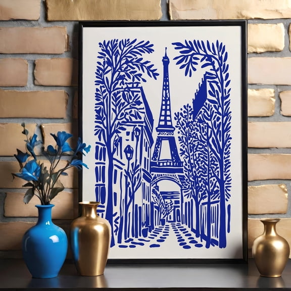 Paris Eiffel Tower Indigo Blue French Landscape Art Poster, Unframed Canvas 8x10in