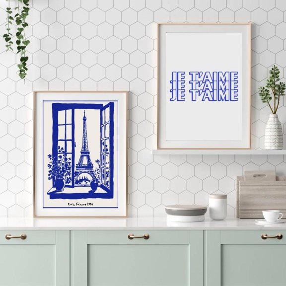 Paris Eiffel Tower & "Je T’aime" Blue Art Print Set, Set 2, Poster Only