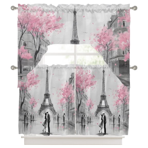Paris Eiffel Tower Kitchen Curtains Swag Valance and Tier Curtains Set 24 Inch Length, Sweet Couple Romantic Pink Cherry Blossom Rod Pocket Drape Panels Pair Swag Curtains for Bathroom/Cafe/Window