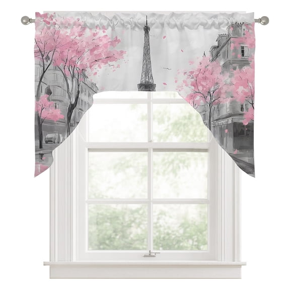 Paris Eiffel Tower Kitchen Curtains Swag Valance for Windows/Bathroom/Cafe, Sweet Couple Romantic Pink Cherry Blossom Rod Pocket Drape Panel Swag Curtains Valance for Bedroom/Living Room 56"x36"