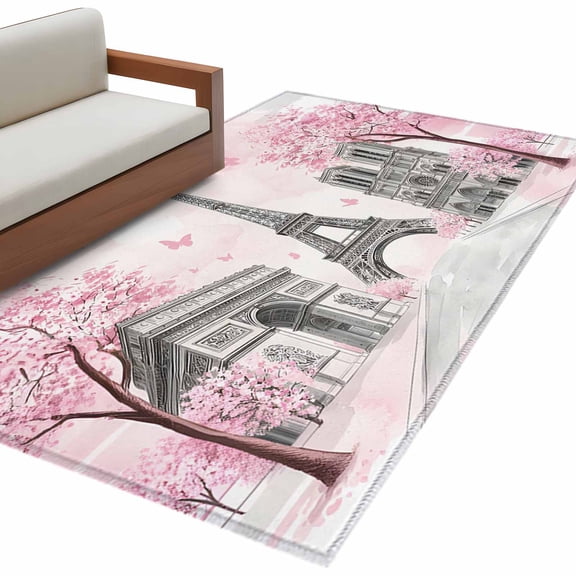 Paris Eiffel Tower Kitchen Runner Rug 2.7x5 Washable Runners for Hallway Non Slip Pink Cherry Blossom Romantic Flowers Large Area Rug Indoor Carpet for Bathroom Laundry Entryway Bedroom Living Room