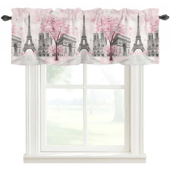 Paris Eiffel Tower Kitchen Valances for Windows, Pink Cherry Blossom Romantic Flowers Bathroom Window Valances 42x12 Inch Rod Pocket Window Treatments Valance Curtains for Living Room Bedroom Decor