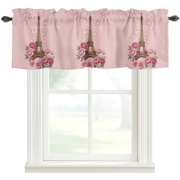 Paris Eiffel Tower Kitchen Valances for Windows, Pink Rose Romantic Floral Butterfly Bathroom Window Valances 42x12 Inch Rod Pocket Window Treatments Valance Curtains for Living Room Bedroom Decor