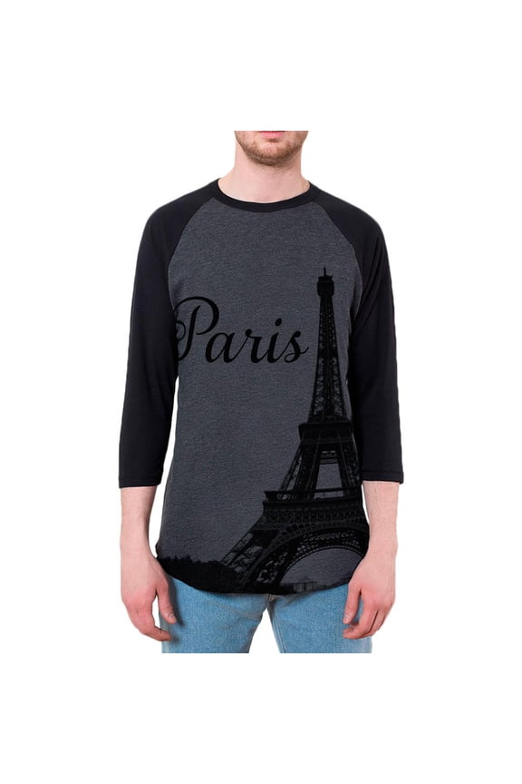 Paris Eiffel Tower Mens Raglan T Shirt Heather Black-Black LG
