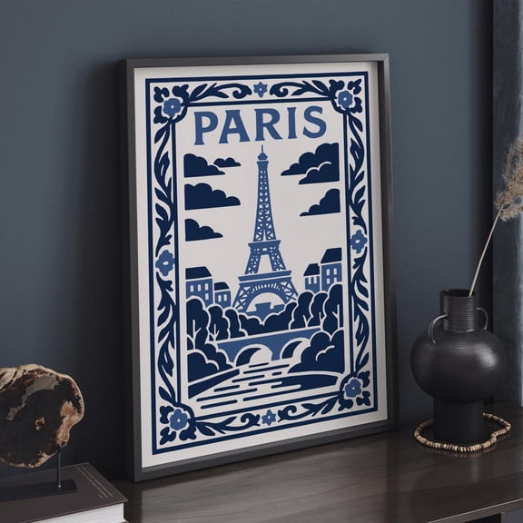 Paris Eiffel Tower Minimalist Blue French Decor Poster, Unframed Canvas 24x36in