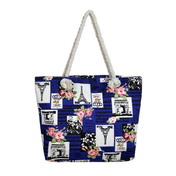 Paris Eiffel Tower Music Notes Floral Print Canvas Tote Shoulder Bag Handbag