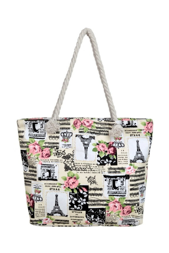 Paris Eiffel Tower Music Notes Floral Print Canvas Tote Shoulder Bag Handbag