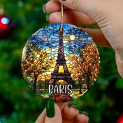Paris Eiffel Tower Ornament Stained Glass Style Unique France Souvenir Travel Gift Paris Ornament French Decor 2D FLAT Ceramic Ornament