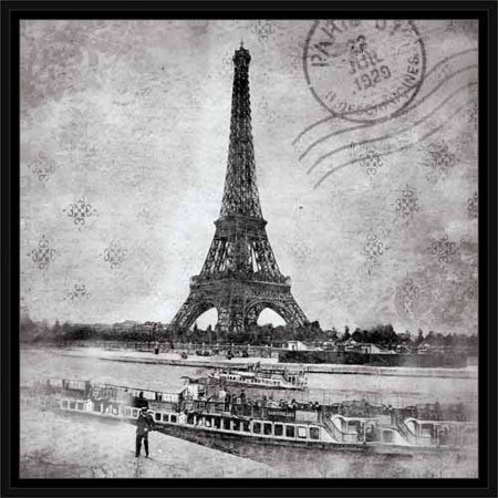 Paris Eiffel Tower Over Water with Boat Black & White Travel, Framed Canvas Art by Pied Piper Creative
