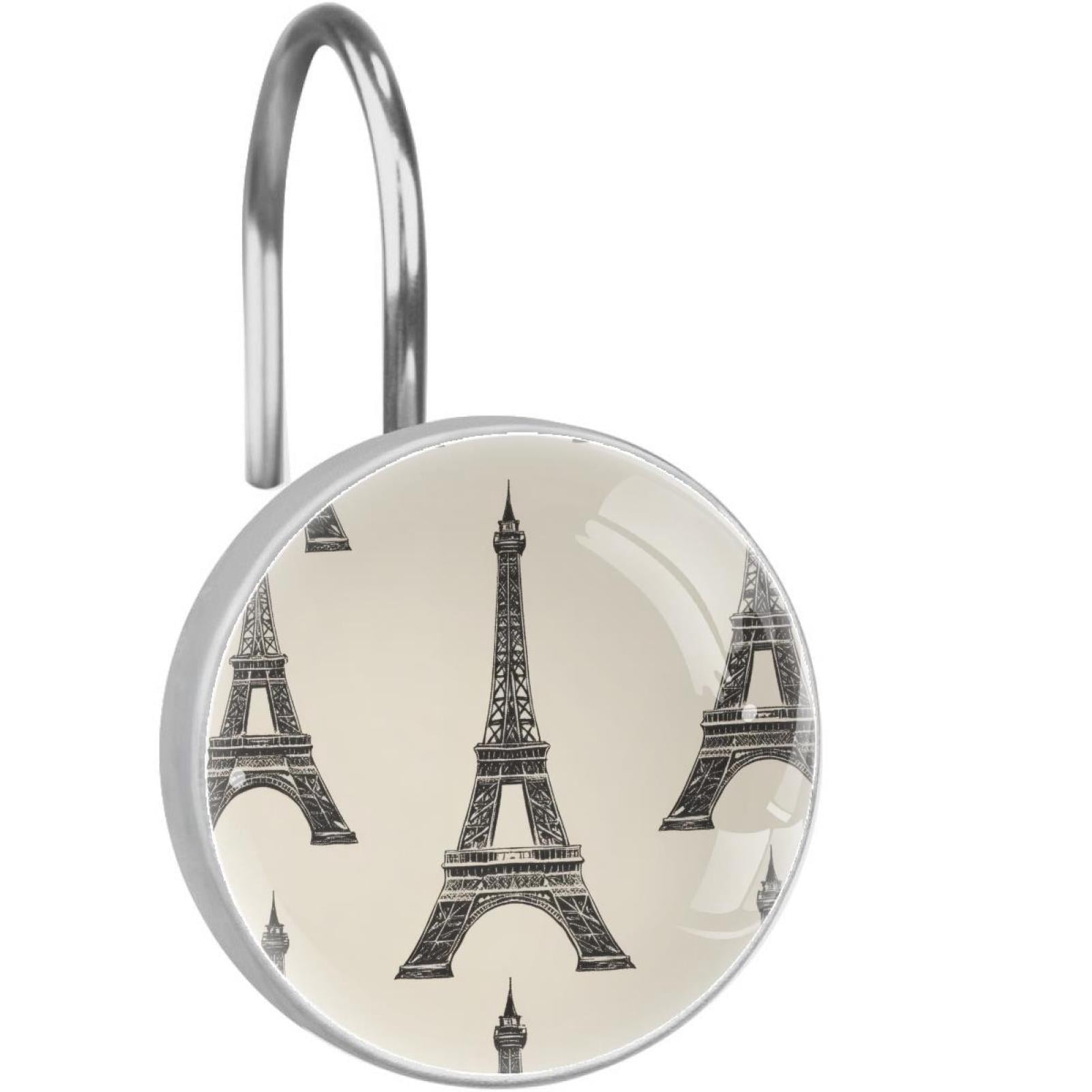 Paris Eiffel Tower Pattern Shower Curtain Hooks Round Crystal Glass, Set of 12 Shower Curtain Rings - Shower Hooks for Curtain Shower Rings