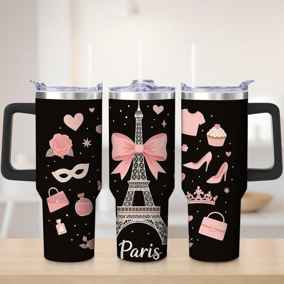 Paris Eiffel Tower Pink Bow Stainless Steel Tumbler, 30oz