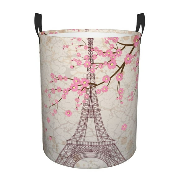 Paris Eiffel Tower Pink Circular Laundry Hamper With Handles, Collapsible Canvas Organizer Basket For Dirty Clothes, Storage or Bedroom Medium
