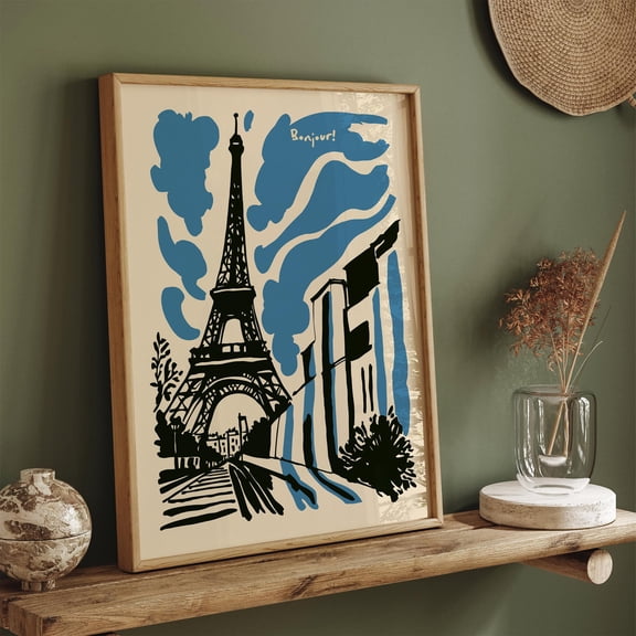 Paris Eiffel Tower Print: Blue French Cityscape Art UNFRAMED Poster, Wall Art for Decor, Present, 12x18