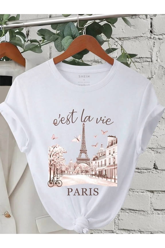 Paris Eiffel Tower Print Short Sleeve T-Shirt, Casual Summer