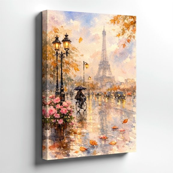 Paris Eiffel Tower Rainy Street Autumn Cityscape Rustic Wall Art, Travel Inspired Home And Office Decor