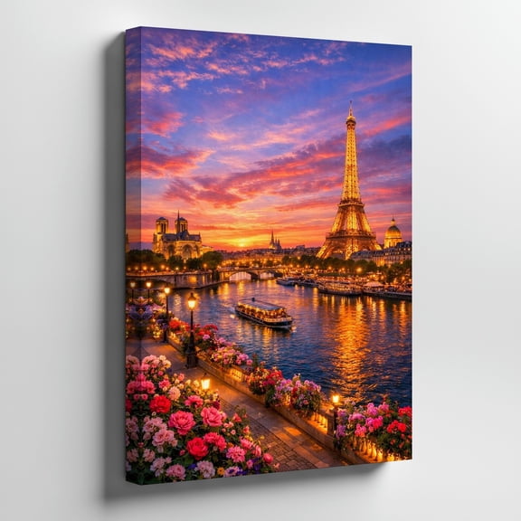 Paris Eiffel Tower River Sunset Wall Art Print, Romantic Decor