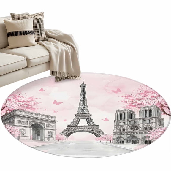 Paris Eiffel Tower Round Rug 3.3ft Washable Circle Entryway Rugs Non Slip Pink Cherry Blossom Romantic Flowers Area Rug Indoor Carpet for Bedroom Kitchen Living Room Home Office Dining Room Nursery