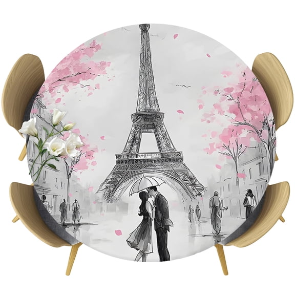 Paris Eiffel Tower Round Tablecloth 45-54 Inch Round Fitted Table Cloth with Elastic Edge, Sweet Couple Romantic Pink Cherry Blossom Waterproof Table Cover Protector for Outdoor Picnic Party Dining