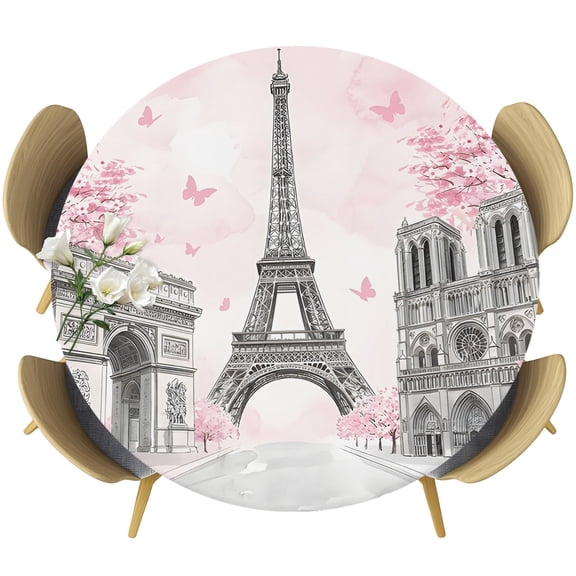Paris Eiffel Tower Round Tablecloth 55-60 Inch Round Fitted Table Cloth with Elastic Edge, Pink Cherry Blossom Romantic Flowers Waterproof Table Cover Protector for Outdoor Picnic Party Dining