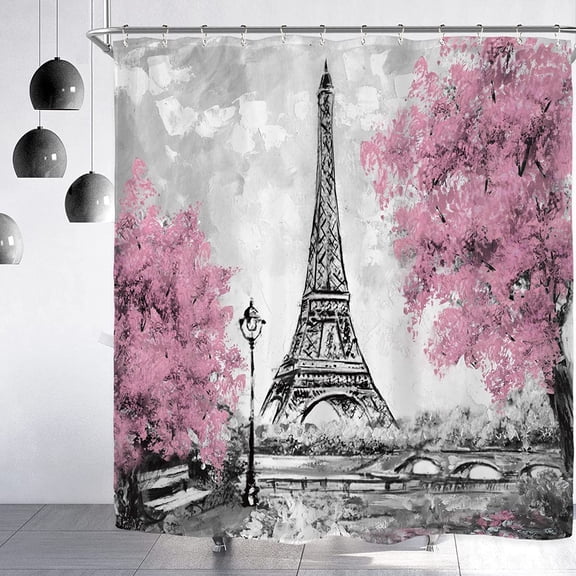 Paris Eiffel Tower Shower Curtain for Bathroom Decor 72Wx72H Inch Vintage French Landscape Scenery Romantic Oil Painting for Women Couple Pink Fabric Waterproof 12 Pack Hooks WW-PAVT