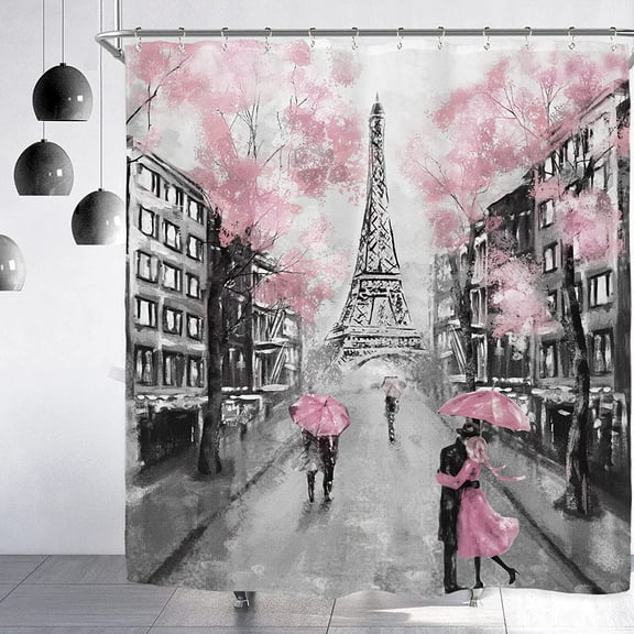 Paris Eiffel Tower Shower Curtain for Bathroom Decor 72Wx72H Inch Vintage French Landscape Scenery Romantic Oil Painting for Women Couple Pink Fabric Waterproof 12 Pack Hooks WW-PAVT