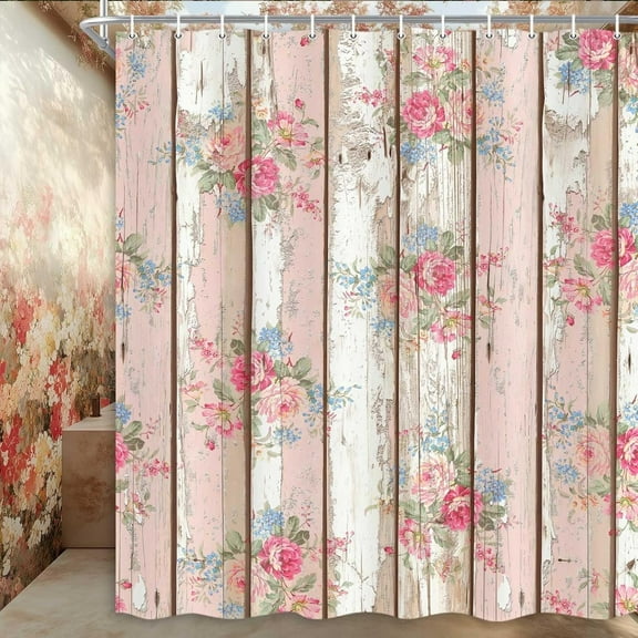 Paris Eiffel Tower Shower Curtain European Ancient Architecture Pink Flower Nature Spring Floral Street Town Retro City Landscape Waterproof Polyester Fabric Bathroom Curtain Sets 71X71 in