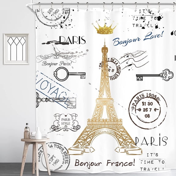 Paris Eiffel Tower Shower Curtain French Postcard Vintage Travel Fabric Bathroom Decor with Hooks 71x71 inches