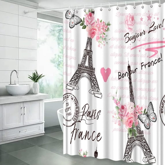 Paris Eiffel Tower Shower Curtain Valentine''s Day Pink Flowers Butterfly Bonjour Romantic French European City Vintage Retro White Fabric Bathroom Decor Curtain with Hooks
