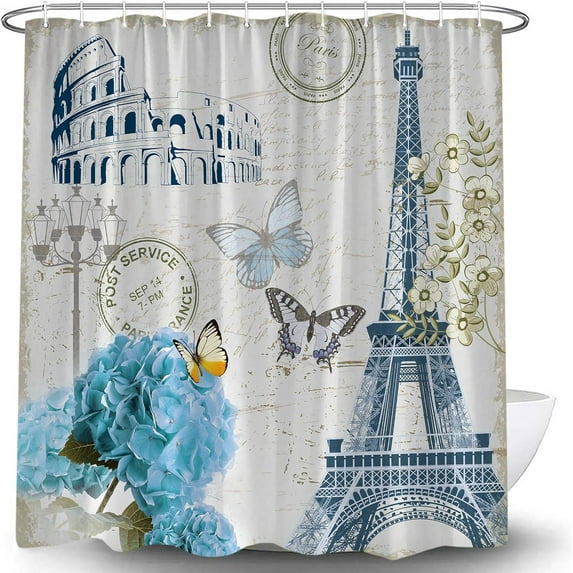 Paris Eiffel Tower Shower Curtain Vintage French Blue Floral Hydrangea France Romantic Blossom Butterfly Retro Car Europe Postmark Envelope Bathroom Curtain Set with Hooks-72"W x 74"L (Pack of 1)