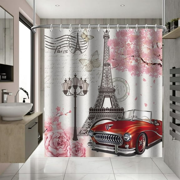 Paris Eiffel Tower Shower Curtain for Bathroom Rose Car Butterfly Decorative Bath Curtain 72 x 72 Inch Romantic Bathroom Curtain with 12 Hooks