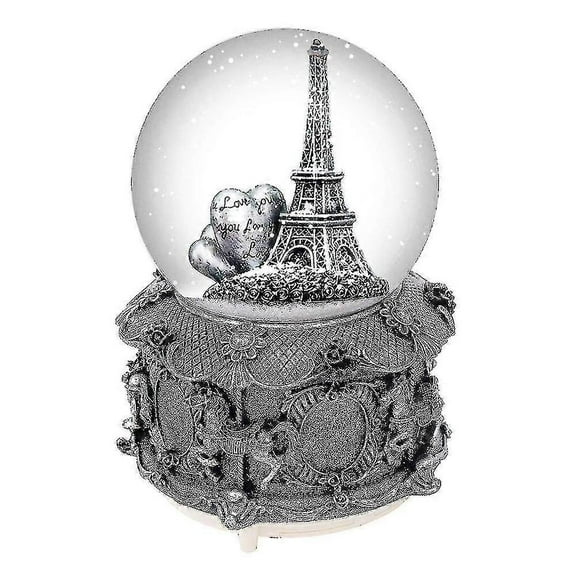 Paris Eiffel Tower Snow Globe Music Box With Automatic Snowfall And Colorful Lights, 100mm 6" Tall