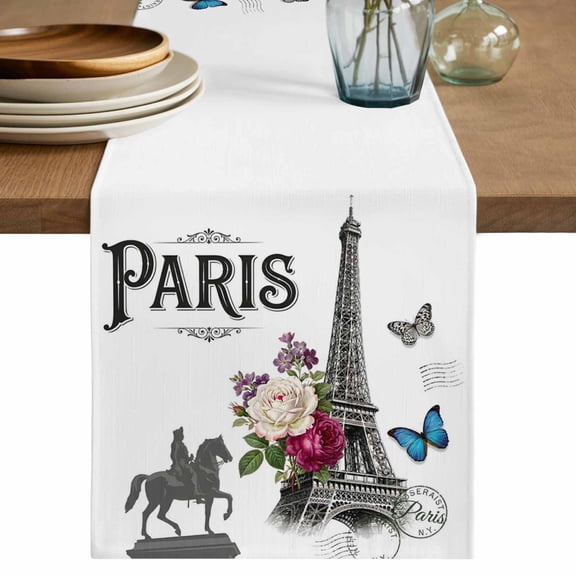 Paris Eiffel Tower Table Runner 36 Inches Long,Rustic Rose Floral Sculpture Butterfly Cotton Linen Table Runners Dresser Scarves,Fabric Tabletop Scarf Furniture Cover for Home Dinner Party 13"x36"